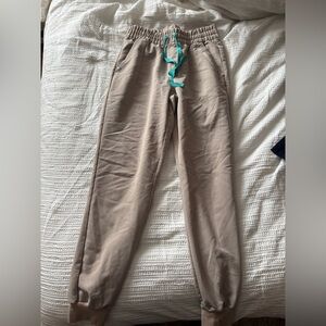 Figs Women's Tan Joggers with Teal Drawstring